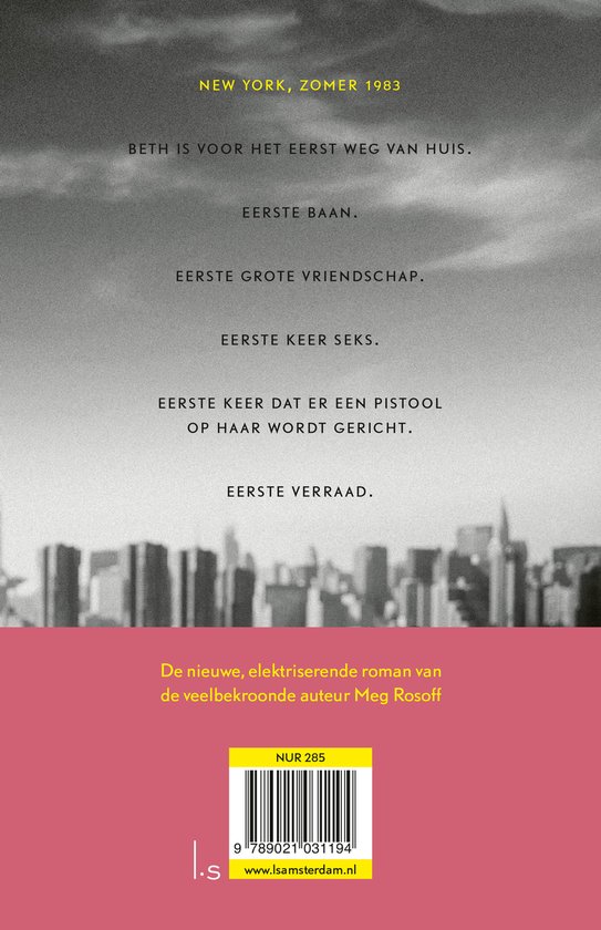 Achterflap van 'Dat soort vrienden' door Meg Rosoff. Tekst over Beth die voor het eerst het huis verlaat. Silhouet van New York.