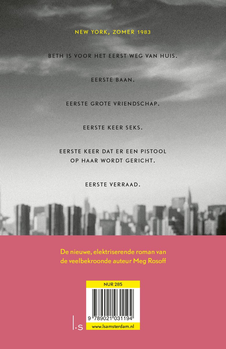 Achterflap van 'Dat soort vrienden' door Meg Rosoff. Tekst over Beth die voor het eerst het huis verlaat. Silhouet van New York.