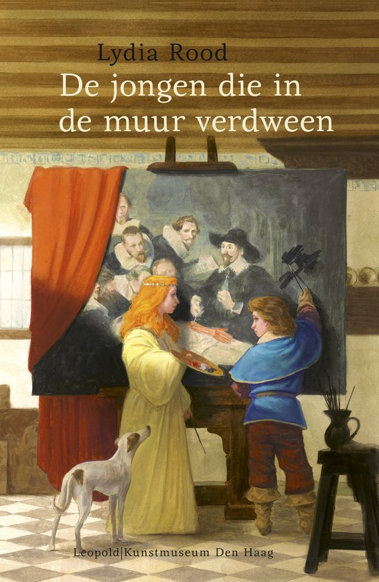 Boekcover: Lydia Rood. De jongen die in de muur verdween. Met schilderij van dokter en leerlingen en een hond.