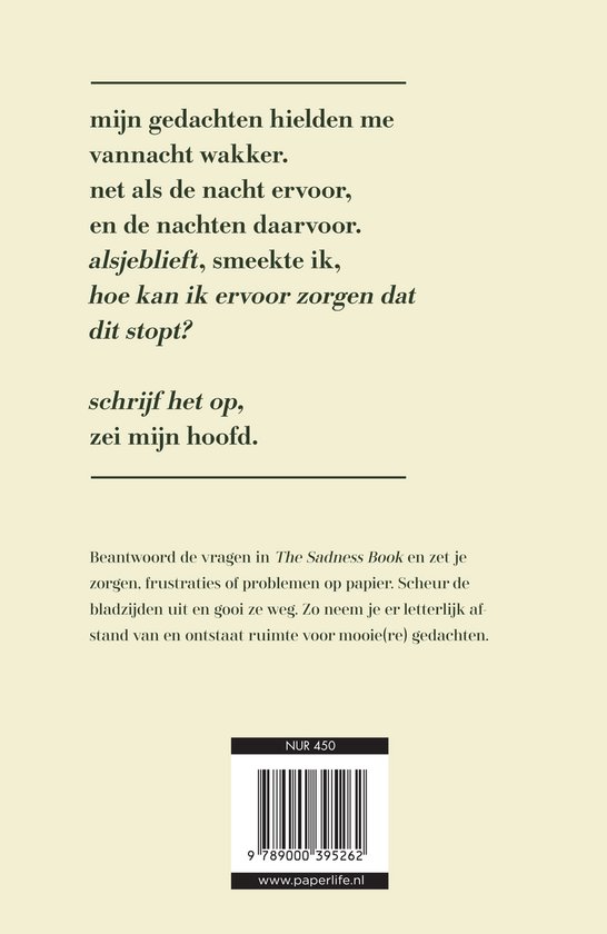 Achterkant van 'The Sadness Book' met tekst in het Nederlands. Inclusief ISBN en website.
