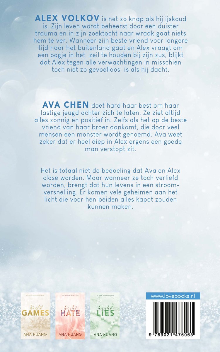 Achterkant van een boek met de titel "Twisted Love". Met twee samenvattingen, drie kleinere boekomslagen en een barcode. De tekst beschrijft Alex Volkov en Ava Chen.