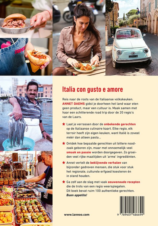 Collage van foto's met Italiaans eten, een vrouw en een Fiat 500.