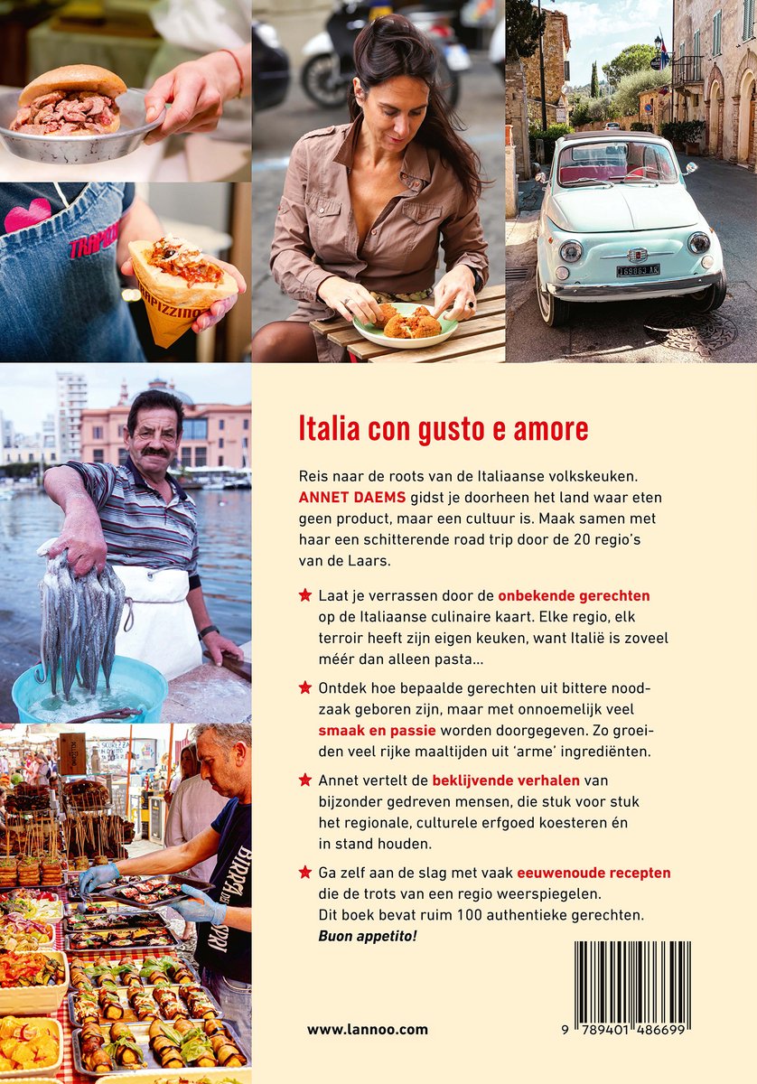 Collage van foto's met Italiaans eten, een vrouw en een Fiat 500.
