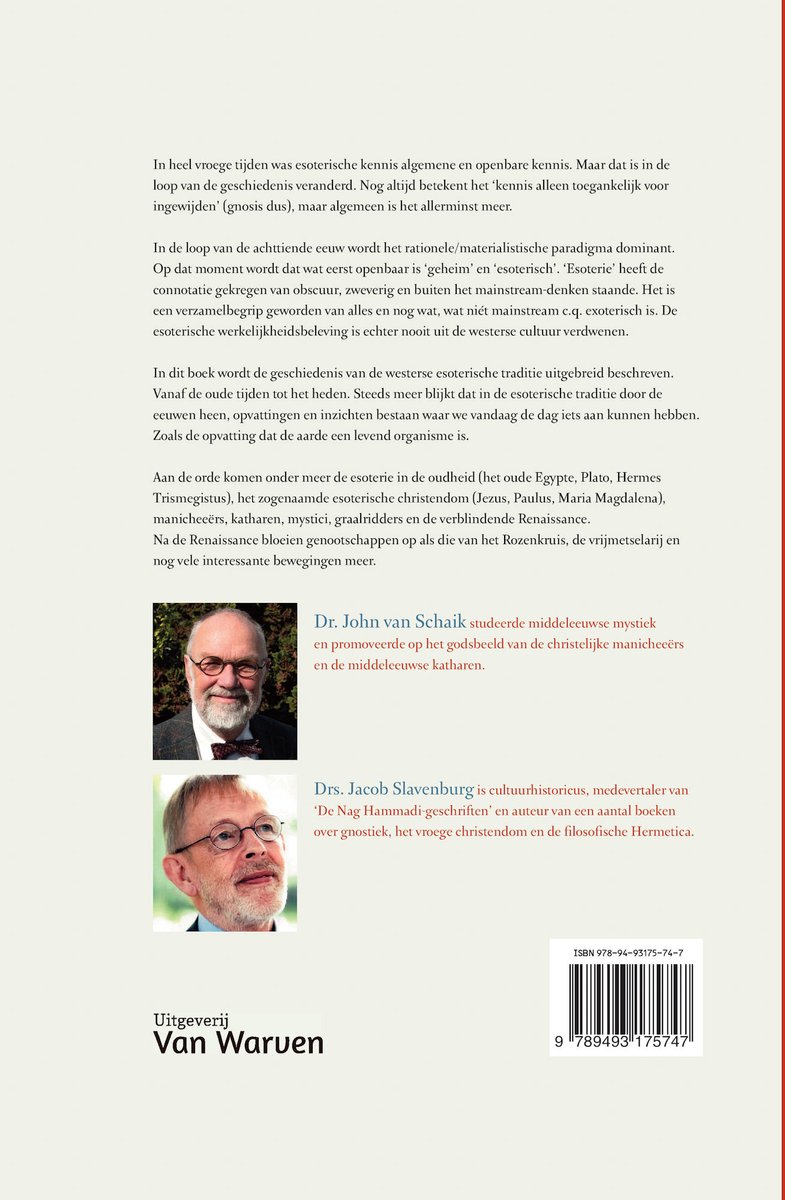 Boek met portretten van Dr. John van Schaik en Drs. Jacob Slavenburg en de tekst 'Geschiedenis van de westerse esoterie'.
