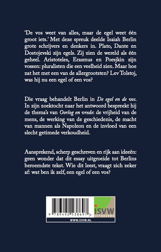 De achterkant van het boek 'De egel en de vos' met tekst over de inhoud en de auteur. ISVW UITGEVERS.