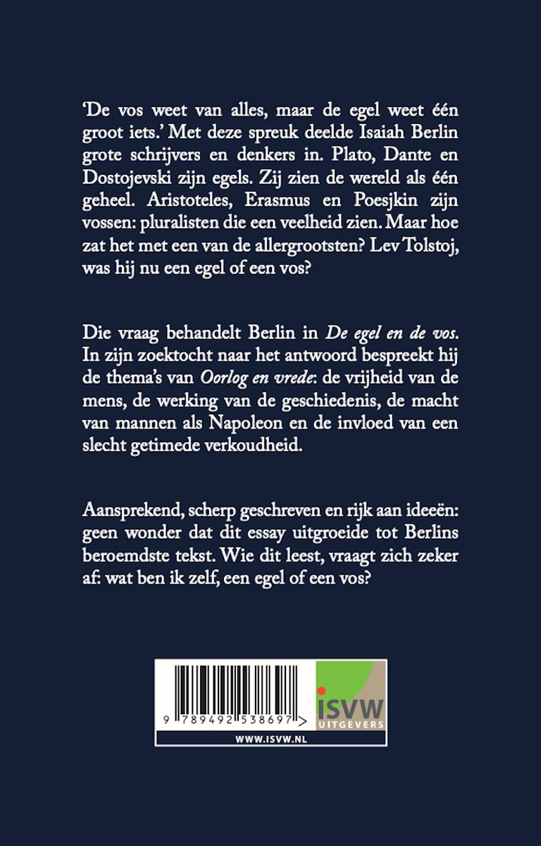 De achterkant van het boek 'De egel en de vos' met tekst over de inhoud en de auteur. ISVW UITGEVERS.