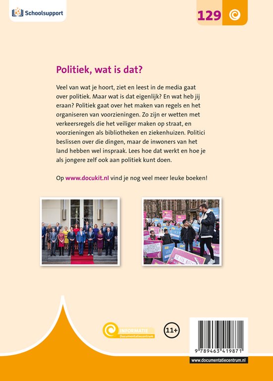 Boek 'Politiek, wat is dat?' met afbeeldingen van een groep mensen en een demonstratie.