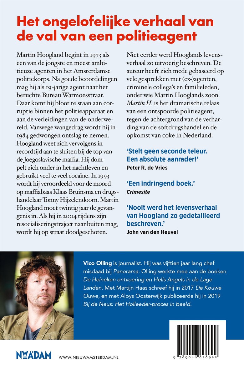 Boekomslag met de titel 'Het ongelofelijke verhaal van de val van een politieagent'. Portret van een man met krullend haar en baard.