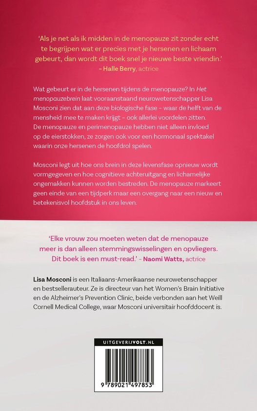 Boekrug met tekst over de menopauze, citaten van Halle Berry en Naomi Watts, en informatie over auteur Lisa Mosconi.