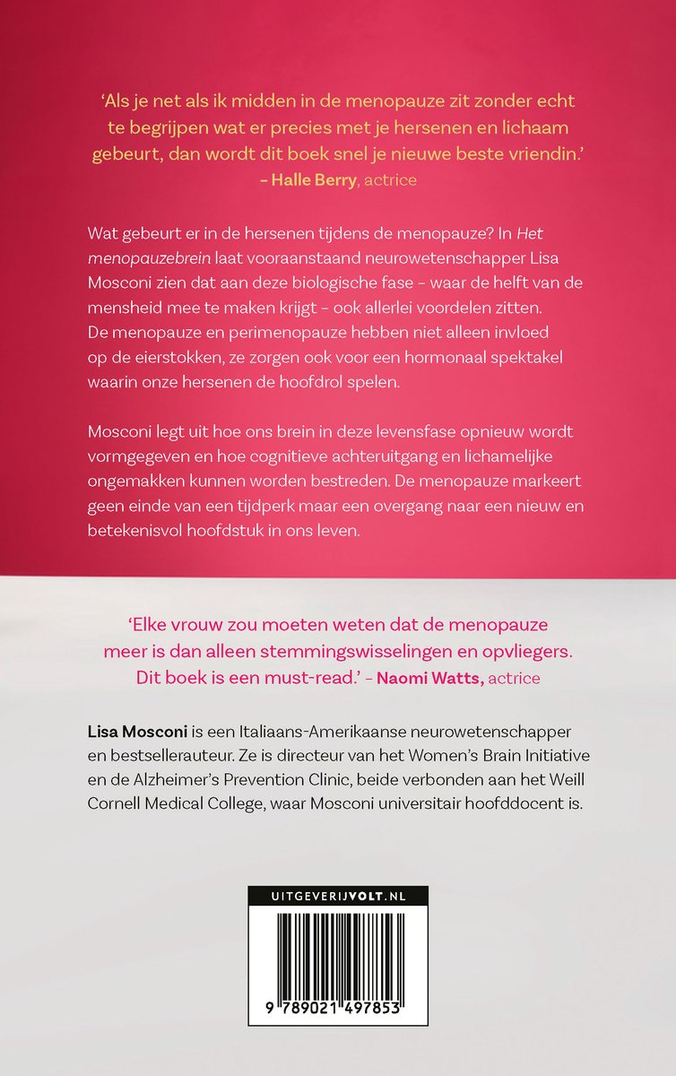 Boekrug met tekst over de menopauze, citaten van Halle Berry en Naomi Watts, en informatie over auteur Lisa Mosconi.