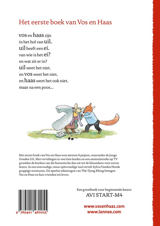 Vos en Haas, een kinderboek met tekeningen van vos en haas in een bos. De tekst is in het Nederlands.