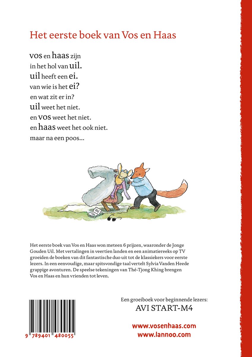 Vos en Haas, een kinderboek met tekeningen van vos en haas in een bos. De tekst is in het Nederlands.