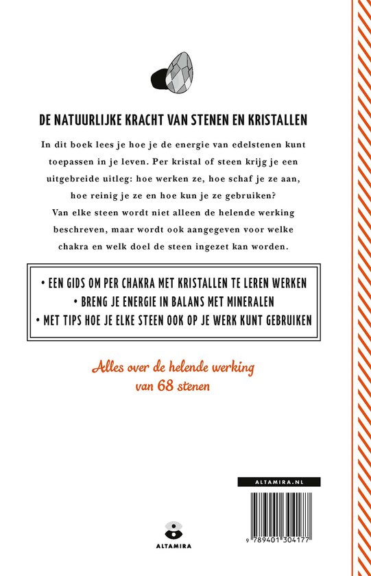 Boekomslag van 'De Natuurlijke Kracht van Stenen en Kristallen' met tekst en een illustratie van een steen.