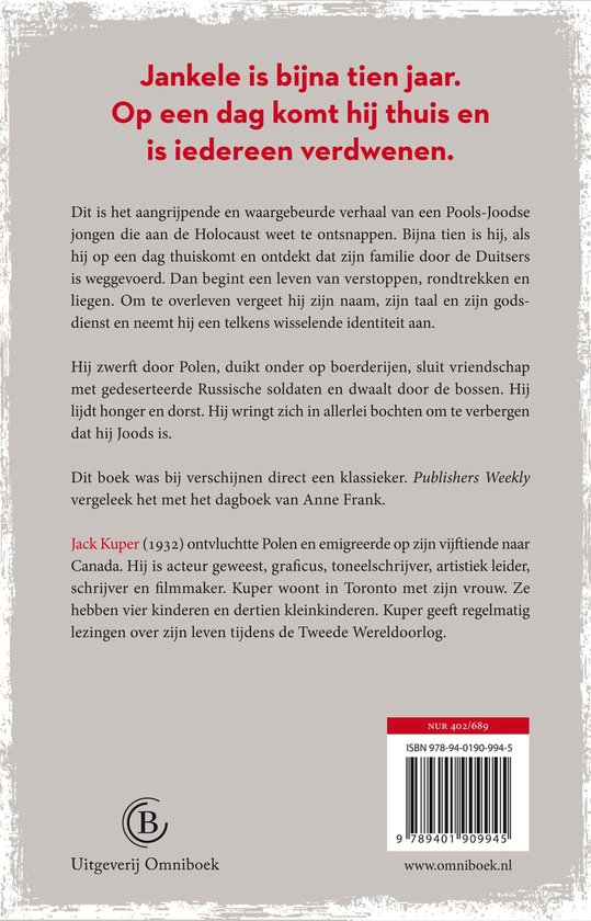Boekomslag 'Alleen op de vlucht' met de tekst 'Jankele is bijna tien jaar. Op een dag komt hij thuis en is iedereen verdwenen.' in rode letters.