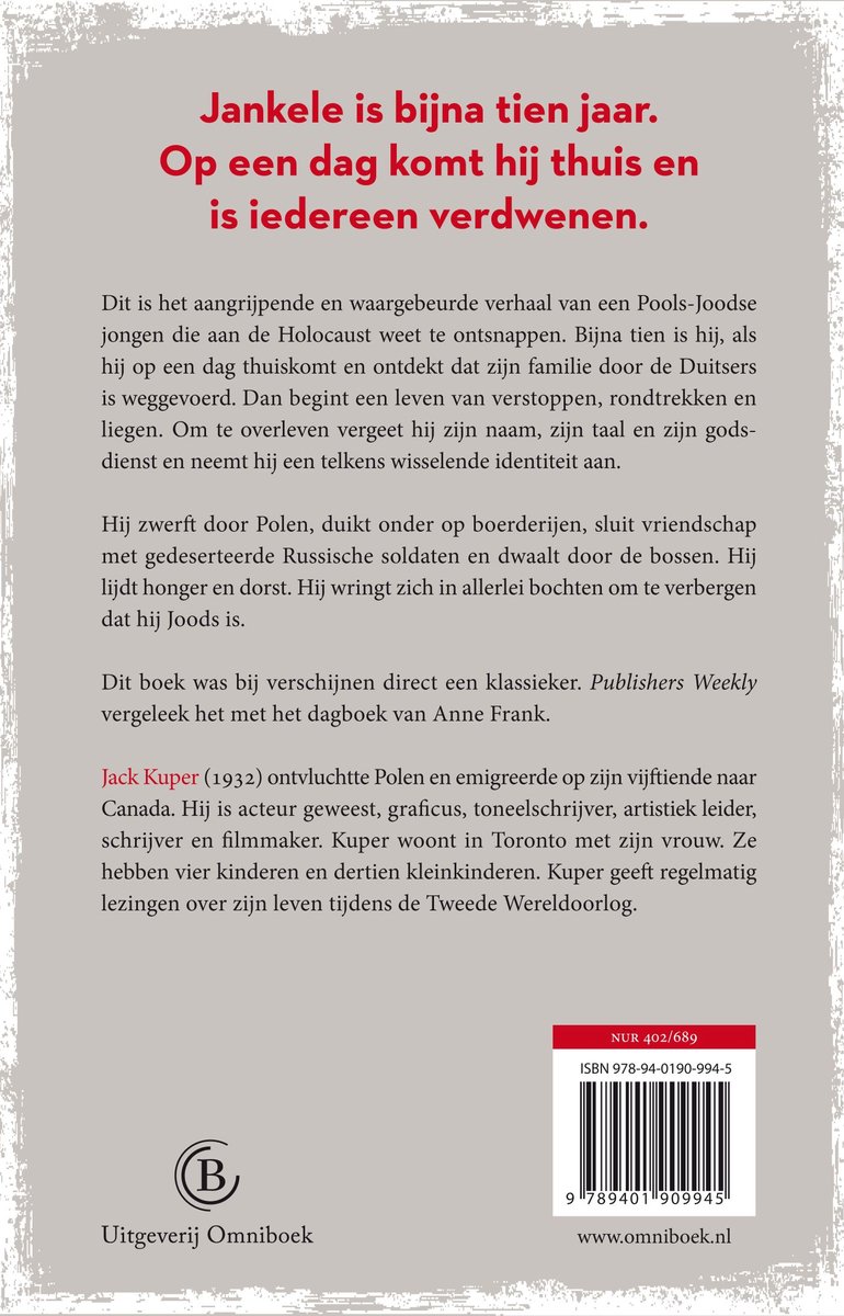 Boekomslag 'Alleen op de vlucht' met de tekst 'Jankele is bijna tien jaar. Op een dag komt hij thuis en is iedereen verdwenen.' in rode letters.