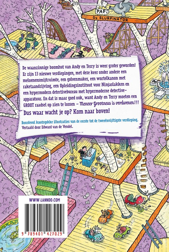 Boekomslag met tekst: De waanzinnige boomhut is weer groter geworden! Hierin 13 nieuwe verdiepingen, een molen met raketraket, een wereldwinkel, een school voor ninjas, een hypermoderne detectivebureau en nog veel meer.
