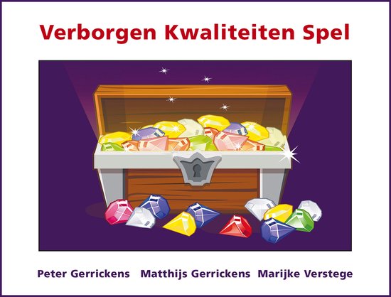 De kaft van het Verborgen Kwaliteiten Spel. Een schatkist vol gekleurde juwelen op een paarse achtergrond met sterren.