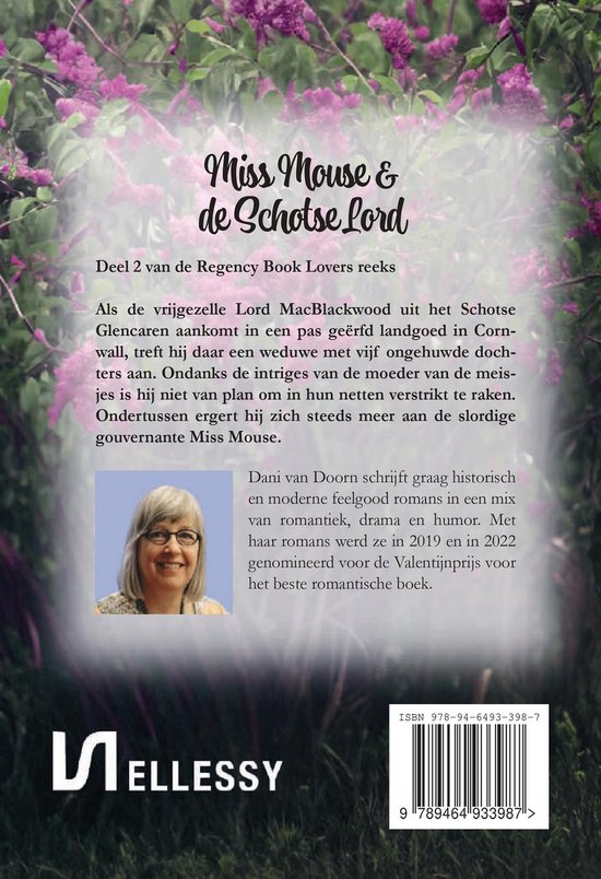 Boekomslag van 'Miss Mouse & de Schotse Lord' met tekst en een portret van de auteur Dani van Doorn.