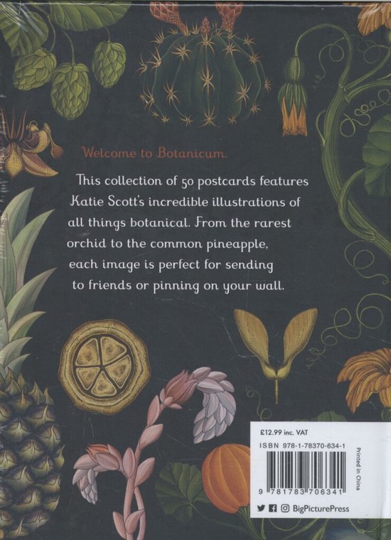 Botanicum postcards met illustraties van cactussen, ananassen, en bloemen op een donkere achtergrond.