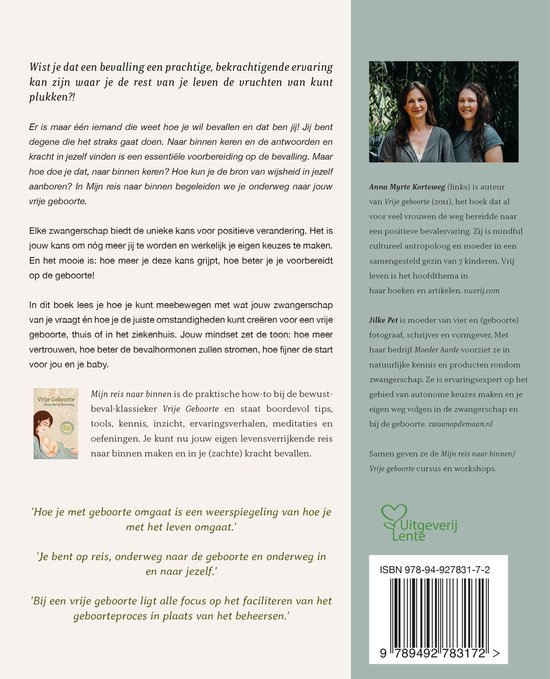 Achterkant van een boek met tekst en twee foto's van vrouwen. Eén foto toont Anna Myrte Korteweg, de andere is van Jilke Pet.