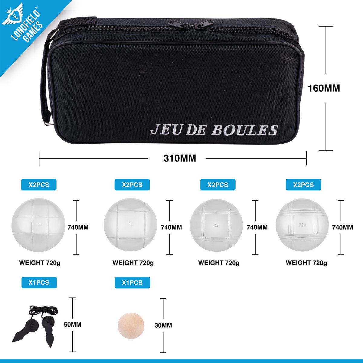 Metalen Jeu de Boules - 8 ballen in zwarte rits tas - Pétanque - Boules - Metalen ballen - Geschikt voor elke Jeu De Boules baan - Longfield — afbeelding 6