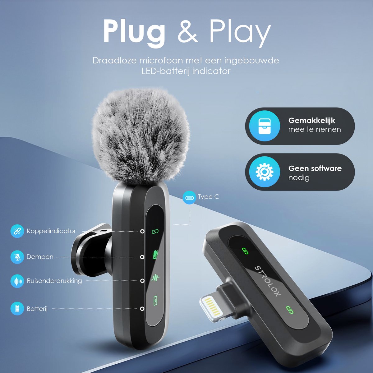 Strolox® Draadloze Microfoon Pro - 2 Stuks - Lavalier - Windshields - Dasspeld - Lange Batterij - USB-C/Lightning - Plug & Play — cadeau in Gadgets - foto 5