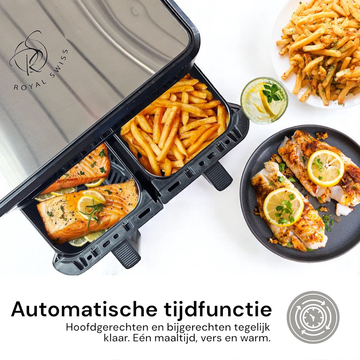 Afbeelding 3 van Royal Swiss® Dubbele Airfryer 12L – Airfryer Dubbele Mand – 10 Programma’s – 2800W – Gezond Koken – RVS Heteluchtfriteuse