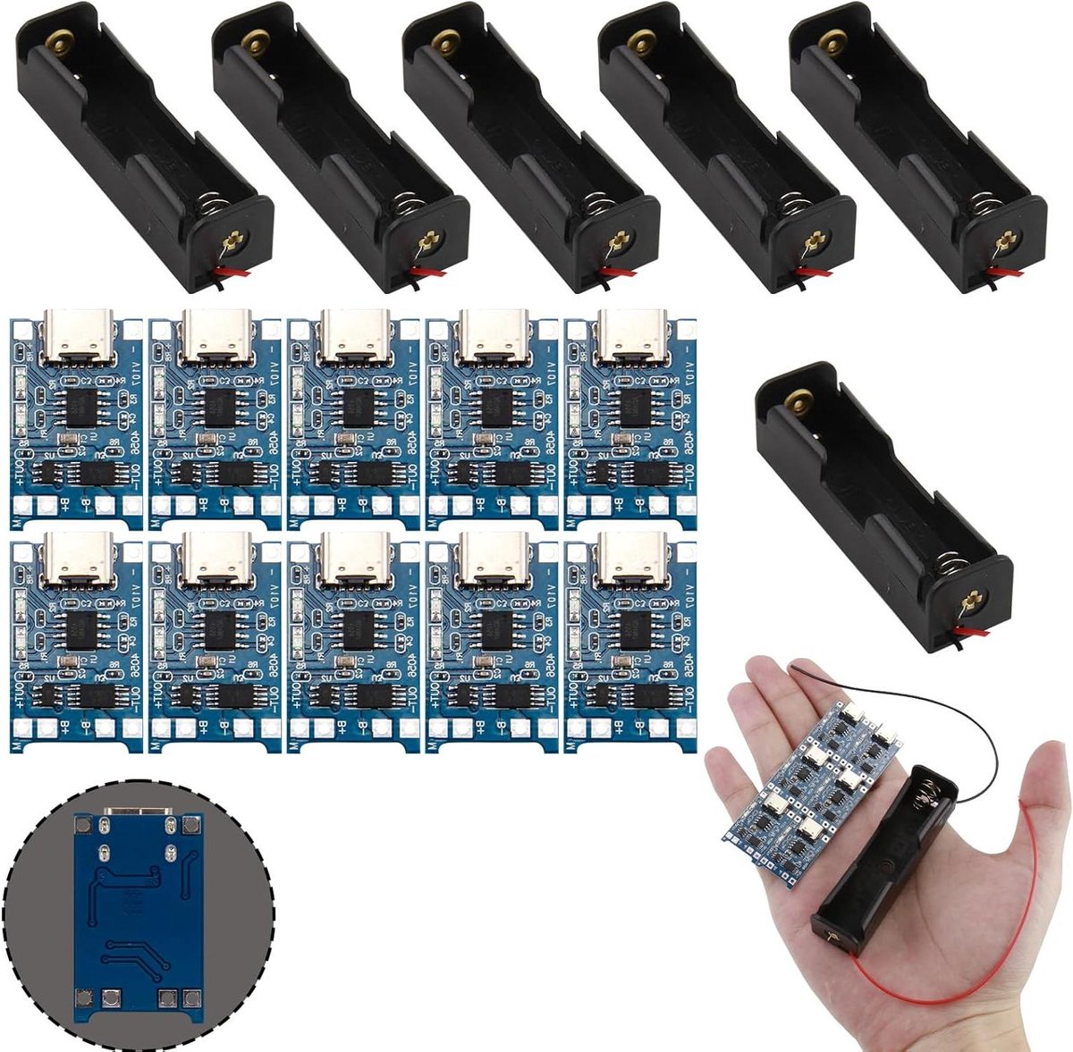 37 V 18650 batterijhouder kunststof behuizing opbergdoos met kabelleads + 10 USB-opladers type C 5 V 1 A kunststof behuizing en geïntegreerde bescherming - Set van 6stuks