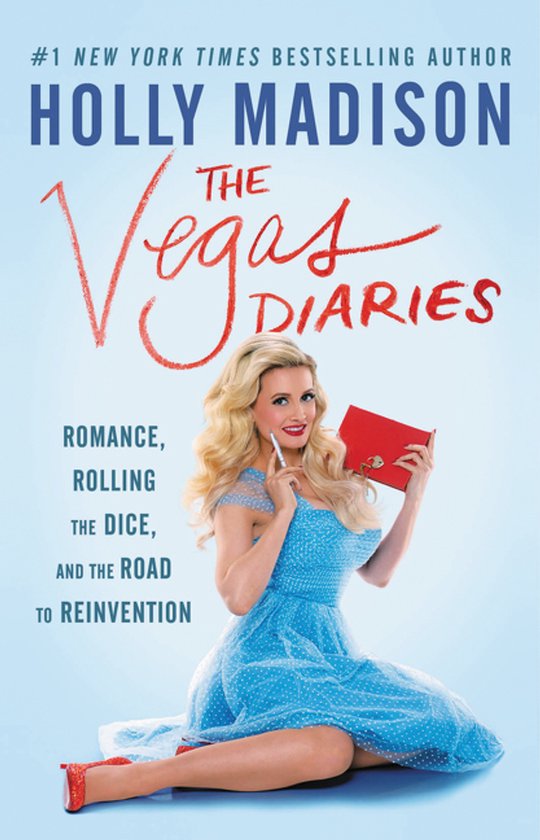 Boekcover 'The Vegas Diaries' van Holly Madison, met de auteur in een blauw jurkje, een rode agenda en een pen.