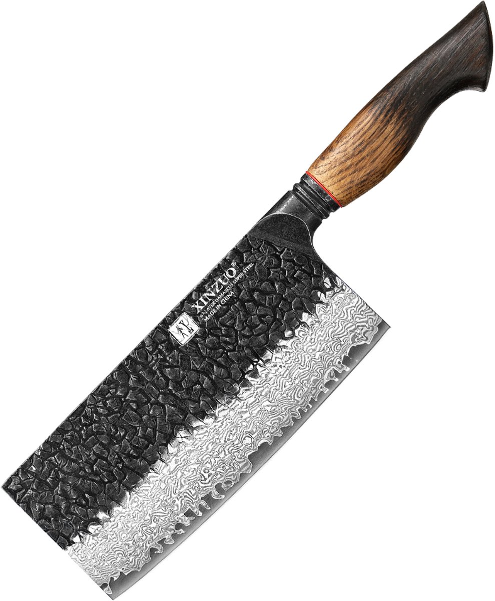 XinZuo Chinese Cleaver (Koksmes) Damascus – X06 Mo Series – 18 cm – Gebrand Eiken Handvat – Professioneel Keukenmes