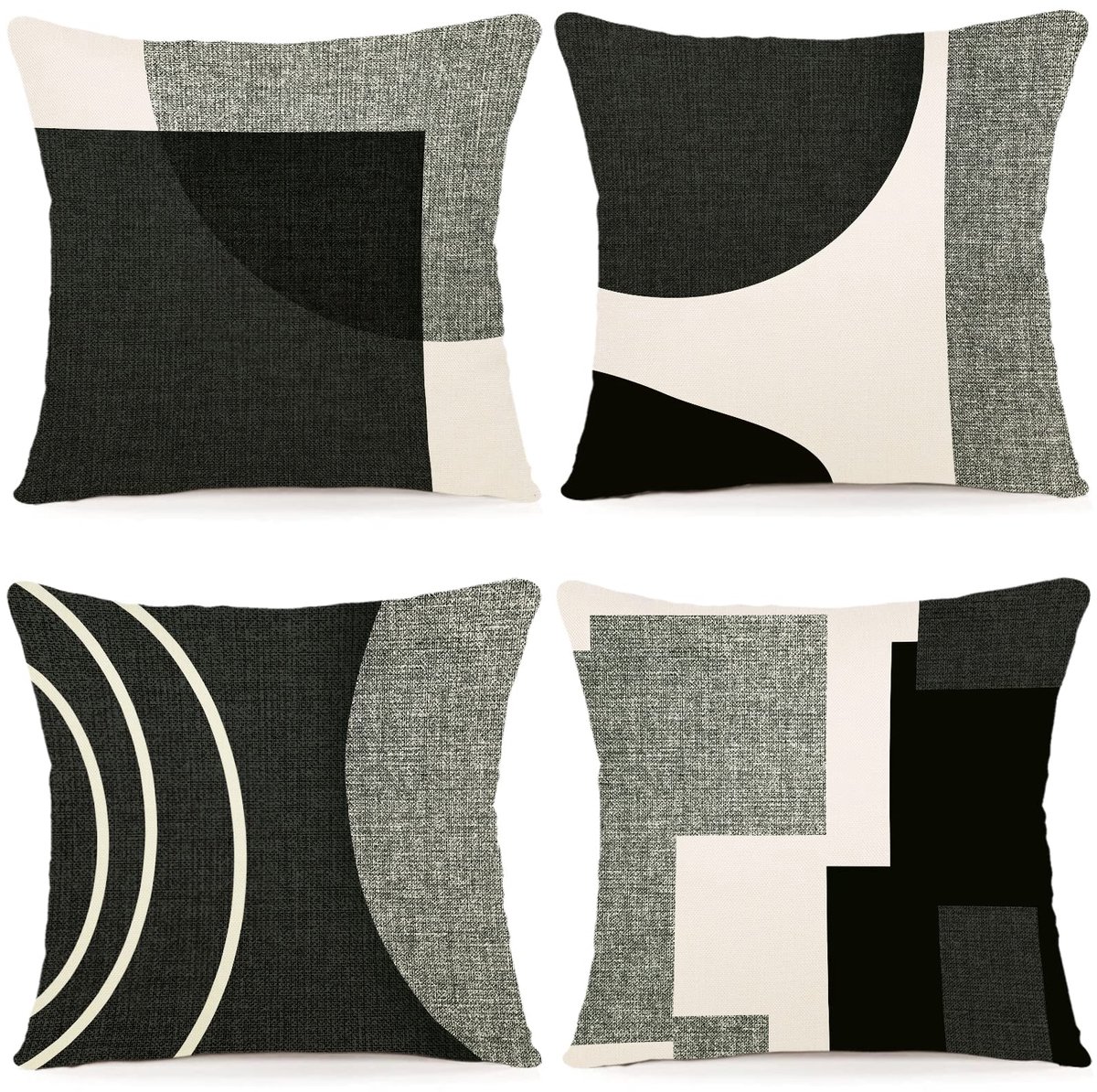 Ibenzoa Set van 4 Luxe Geometrische Linnen Kussenhoezen voor Binnen en Buiten Decoratie zwart