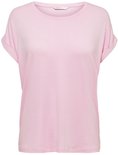 Lichtroze dames T-shirt met korte omgeslagen mouwen en boothals.