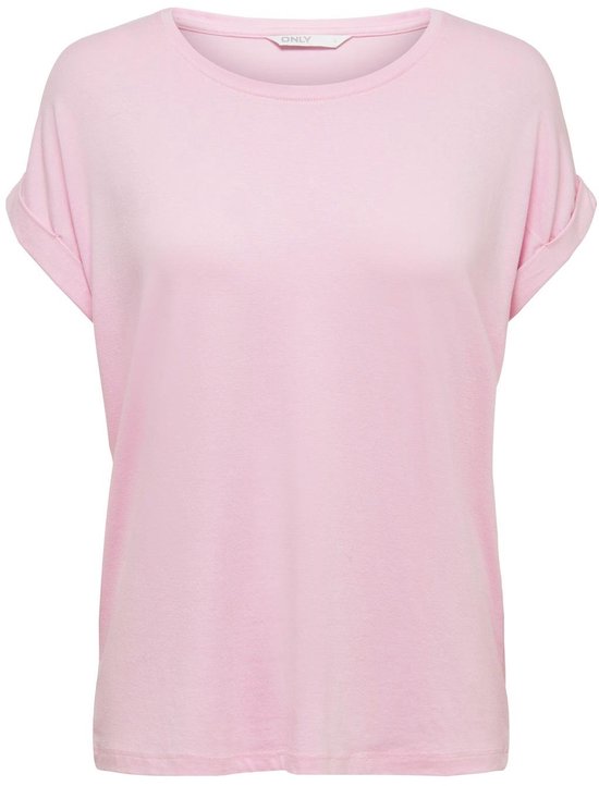 Lichtroze dames T-shirt met korte omgeslagen mouwen en boothals.