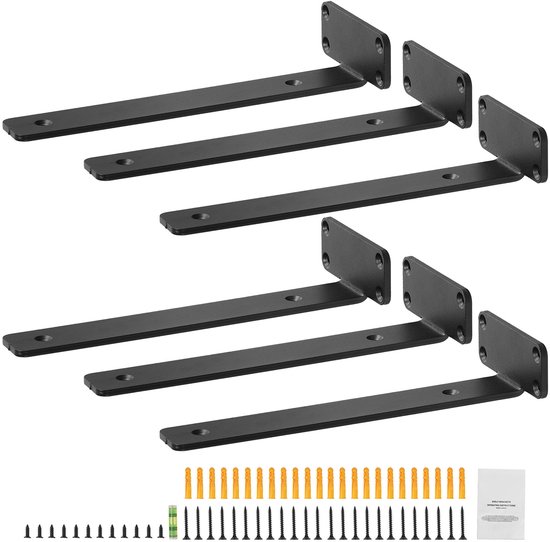 Supports d'étagère - Supports d'étagère flottants en L - Dimensions 310 x 100 x 45 mm - Acier, épaisseur 5 mm - Capacité de charge 72,6 kg - Set de 6 - Noir mat