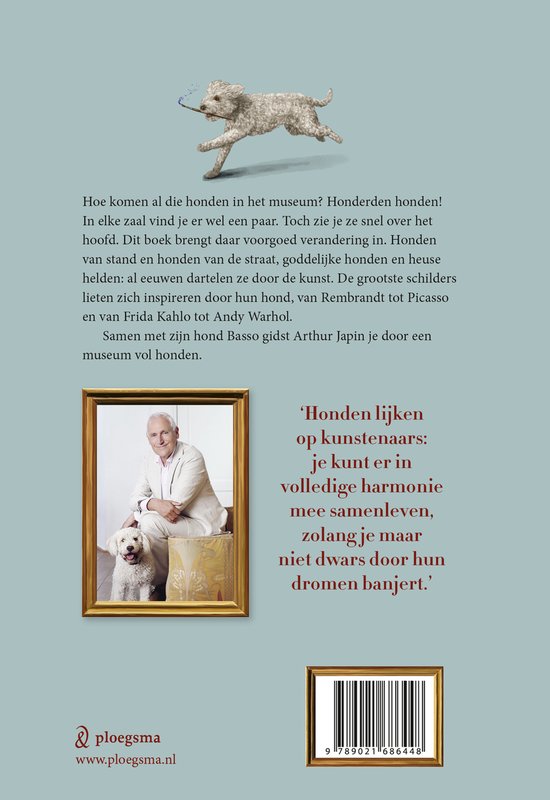 Achterkant boek "Honden in het museum" met tekst, een illustratie van een rennende hond en een man met een hond.