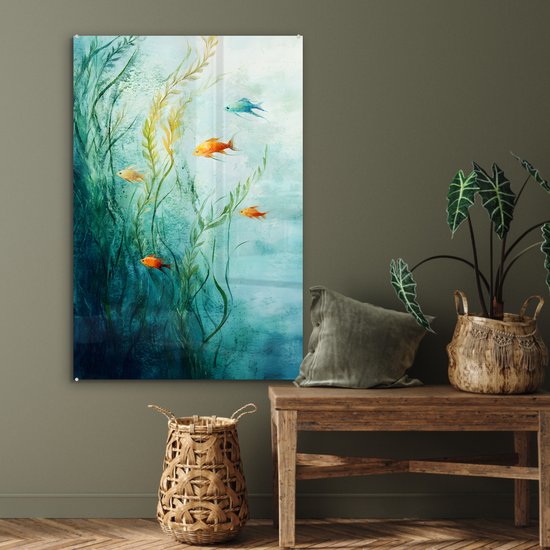 MuchoWow® Glasschilderij 60x90 cm - Schilderij acrylglas - Waterplanten - Vissen - Kleurrijk - Water - Foto op glas - Muurdecoratie woonkamer - Wanddecoratie slaapkamer - Schilderijen