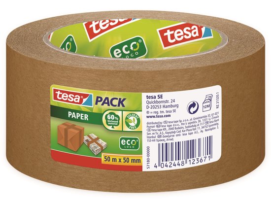 Bruine papieren verpakkingstape van Tesa, met "60% bio-based material" en "solvent free".