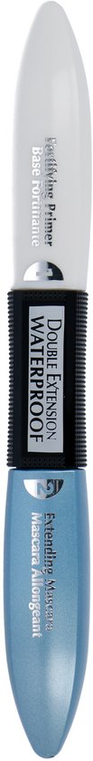 Dubbele mascara met aan de ene kant een witte primer en aan de andere kant een blauwe waterproof verlengende mascara.