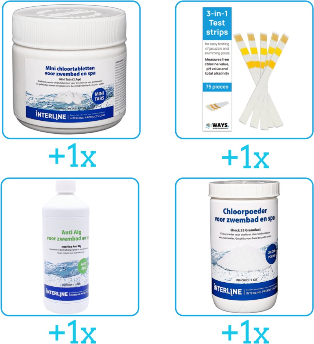 Zwembad Onderhoudsset – Startersset bevat Chloor – Testrips – Anti Alg en Chloor – Interline Onderhoud Starterspakket – Voor zwembaden en Spa’s – Voor kleinere zwembaden tot 2500 liter (4-delig) Zwembad Onderhoudsset – Startersset bevat Chloor – Testrips – Anti Alg en Chloor – Interline Onderhoud Starterspakket – Voor zwembaden en Spa’s – Voor kleinere zwembaden tot 2500 liter (4-delig)