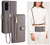 hoesje met koord en rits - portemonnee wallet book-case rits - telefoonhoesje - Telefoonhoesje geschikt voor Samsung Galaxy A56 5G - hoesje met koord te gebruiken als draagtasje - pasjeshouder voor 5 pasjes - grijs