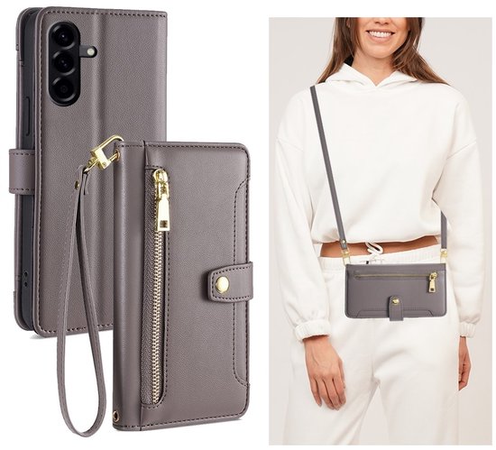 hoesje met koord en rits - portemonnee wallet book-case rits - telefoonhoesje - Telefoonhoesje geschikt voor Samsung Galaxy A56 5G - hoesje met koord te gebruiken als draagtasje - pasjeshouder voor 5 pasjes - grijs