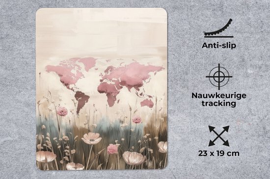 Muismat 19x23 cm - Mousepad Wereldkaart - Roze - Bloemen - Muismatten