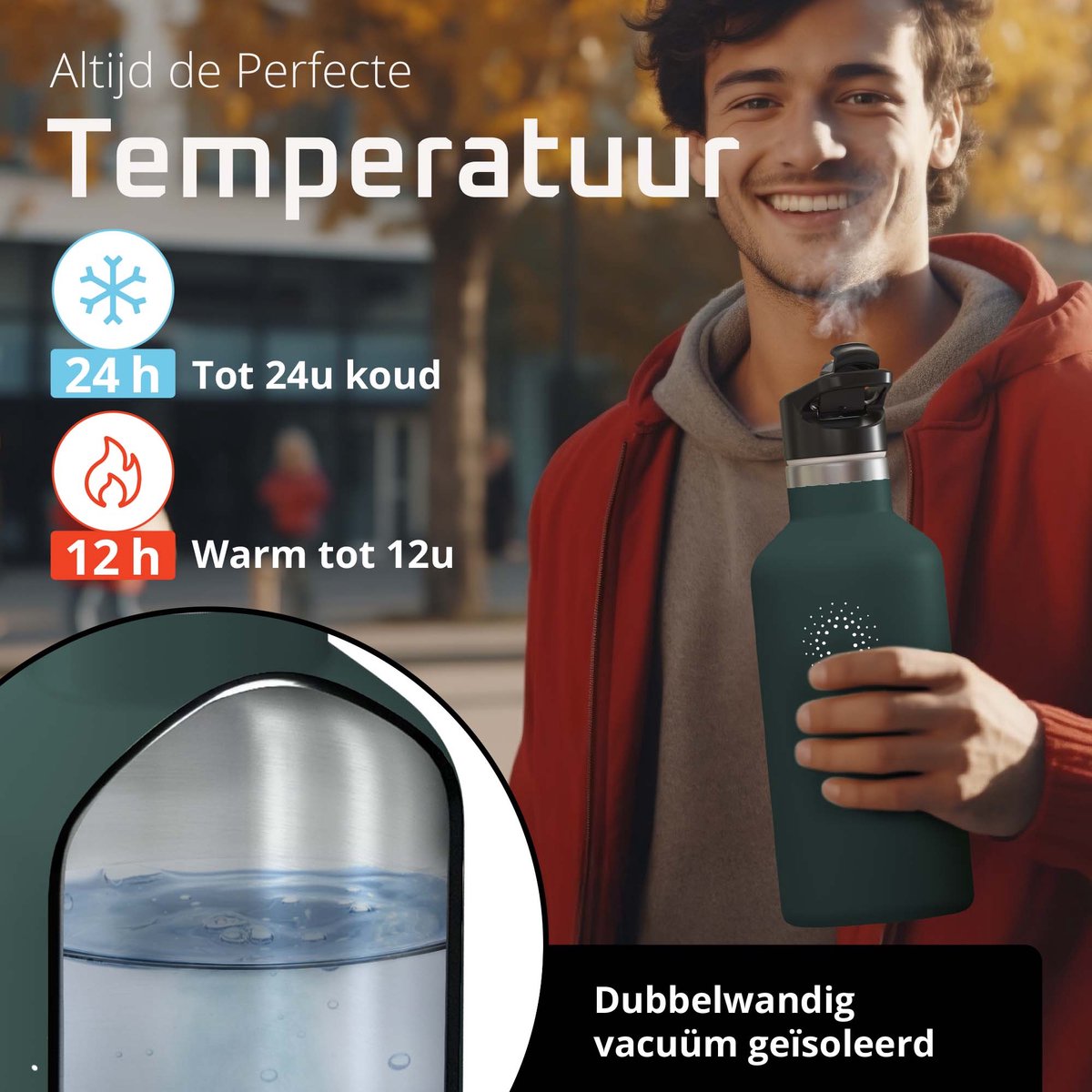 bemaxx Drinkfles met Rietje RVS Thermosfles ACTIVE FLASK (3 Drinkdoppen met Infuser), Volwassenen Kinderen, BPA-Vrij + Lekvrij | 1 Liter/500 ml Isoleerfles, Vacuüm Waterfles Sport Fitness Fietsen Water Fles Waterbidon Sportbidon thumbnail 3