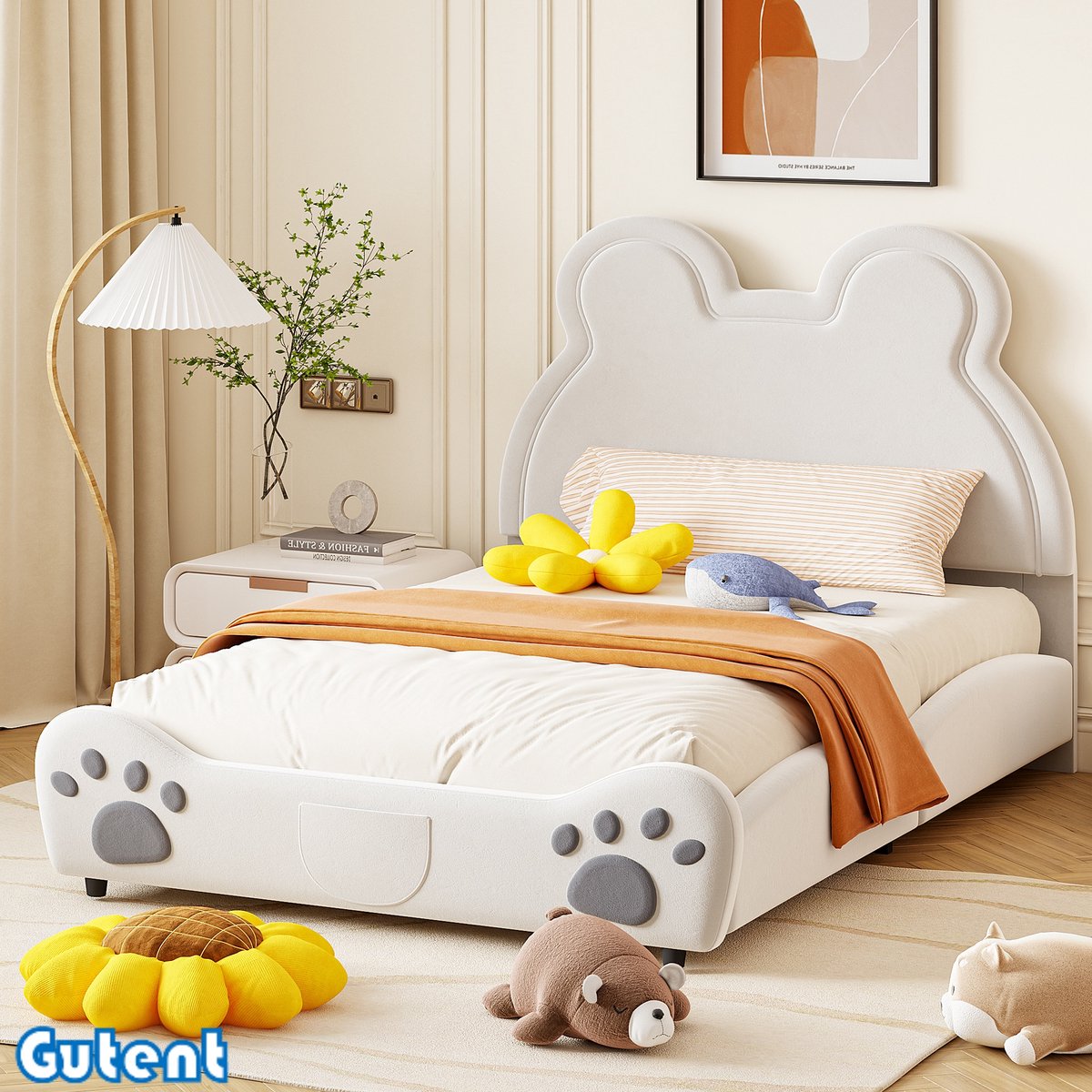 Gutent Kinderbed-140 x 200 cm-Beervorm-Eenpersoonsbed van huidvriendelijk velours-Wit-Geen matras