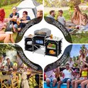 Collage van een campingkeuken in gebruik tijdens kamperen, picknicken, feestvieren en dineren.