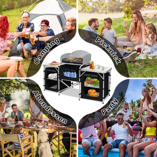 Collage van een campingkeuken in gebruik tijdens kamperen, picknicken, feestvieren en dineren.