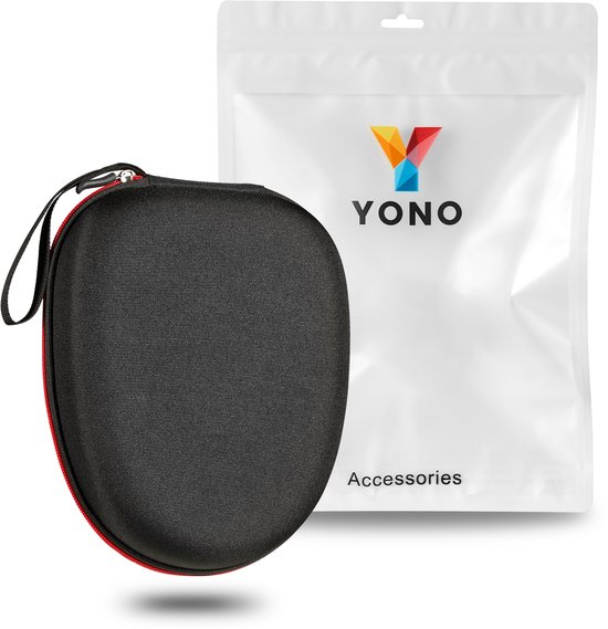 Zwarte YONO koptelefoonhoes met rode rits en logo, naast de bijpassende witte verpakking.