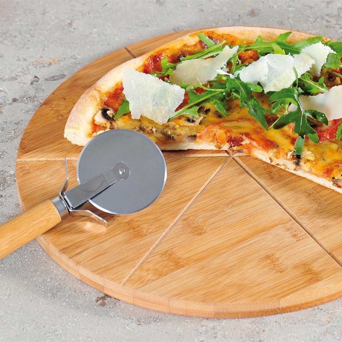 Kadirelli Pizzaplank met Pizzasnijder - Bamboe - Pizza Serveerplank met Handvat - 34cm