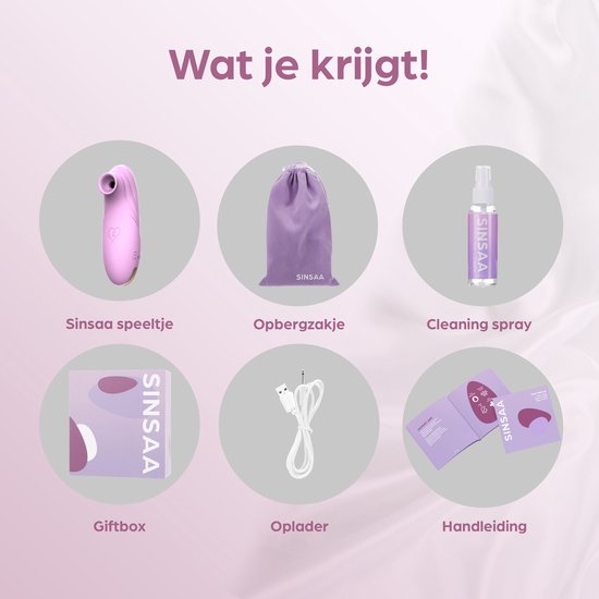 Overzicht van de inhoud: Sinsaa speeltje, opbergzakje, reinigingsspray, giftbox, oplader en handleiding.