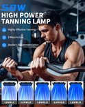 Man traint met halters, met tekst '50W HIGH POWER TANNING LAMP' en afbeeldingen van de lamp op 5 niveaus.